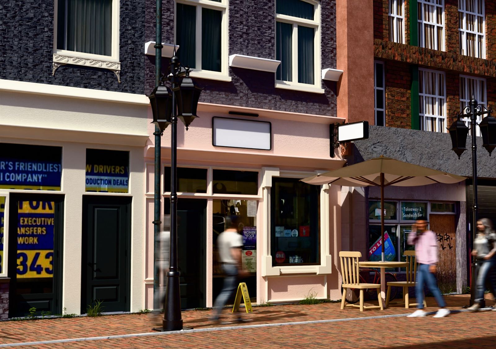 People Walking on City Street with Storefronts