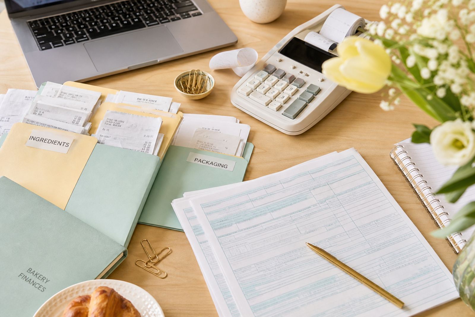 Organized bakery accounting workspace with receipts folders calculator laptop paperwork flowers and pastry on
