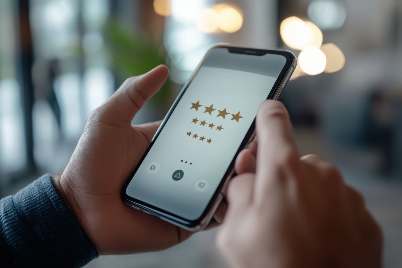 Man leaving five star review on phone for excellent customer experience close up stock footage