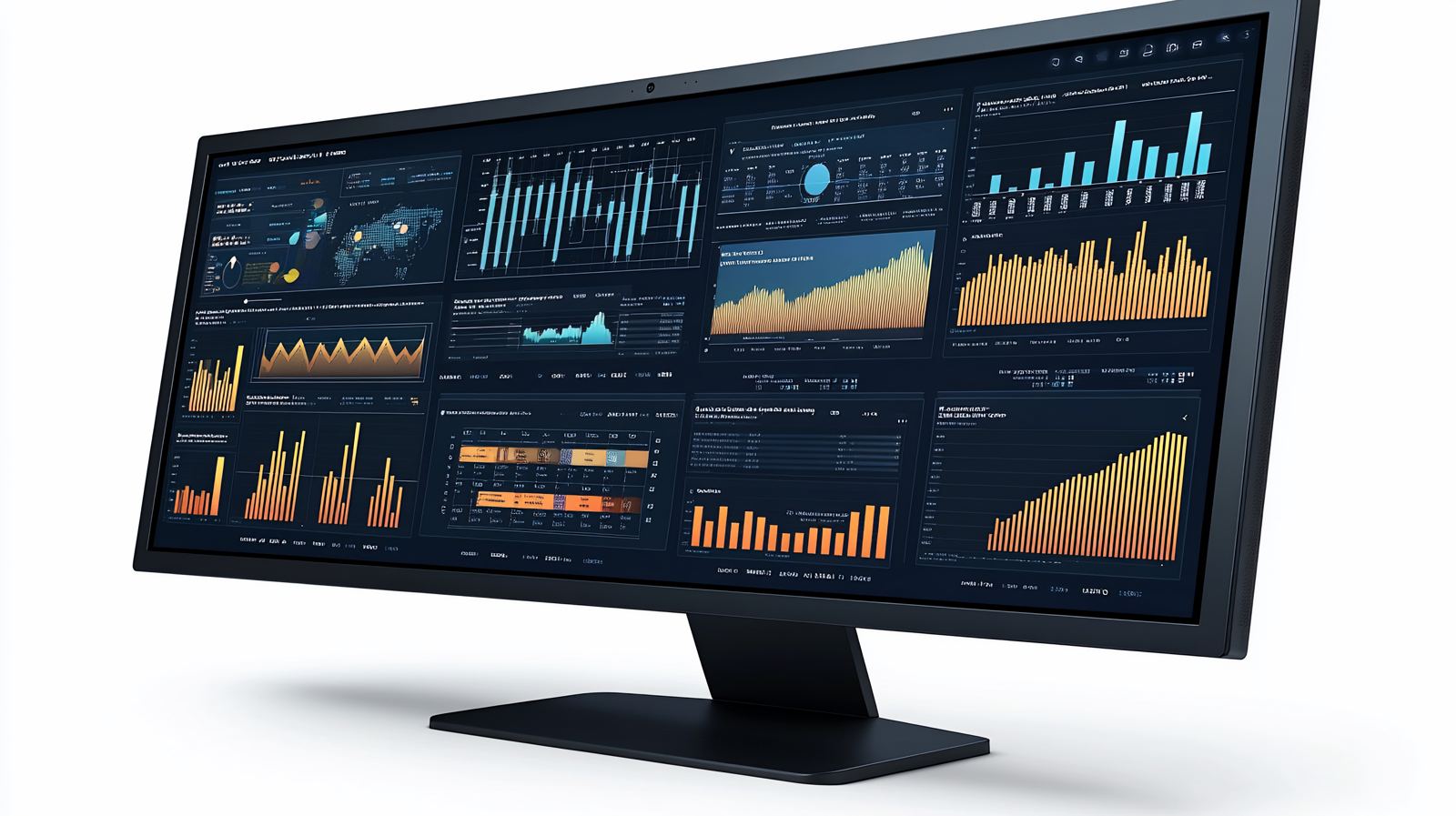 Ultrawide monitor displays data analytics dashboard showcasing charts and graphs against white background for
