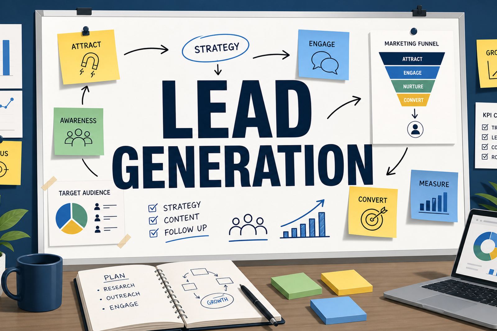 Illustrated office whiteboard showing lead generation strategy marketing funnel sticky notes charts and