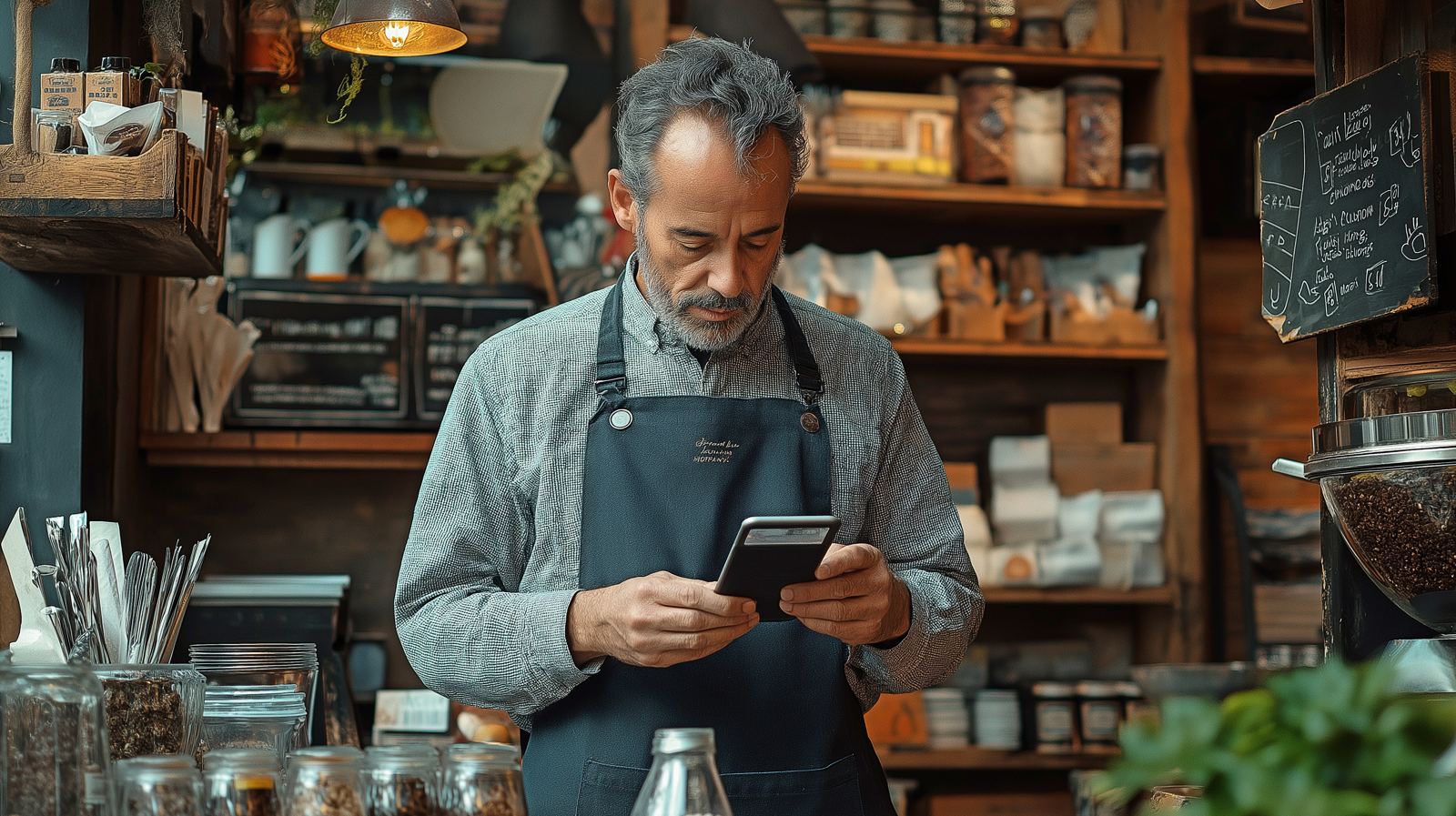 Owner of a cafe utilizing a smartphone for small business