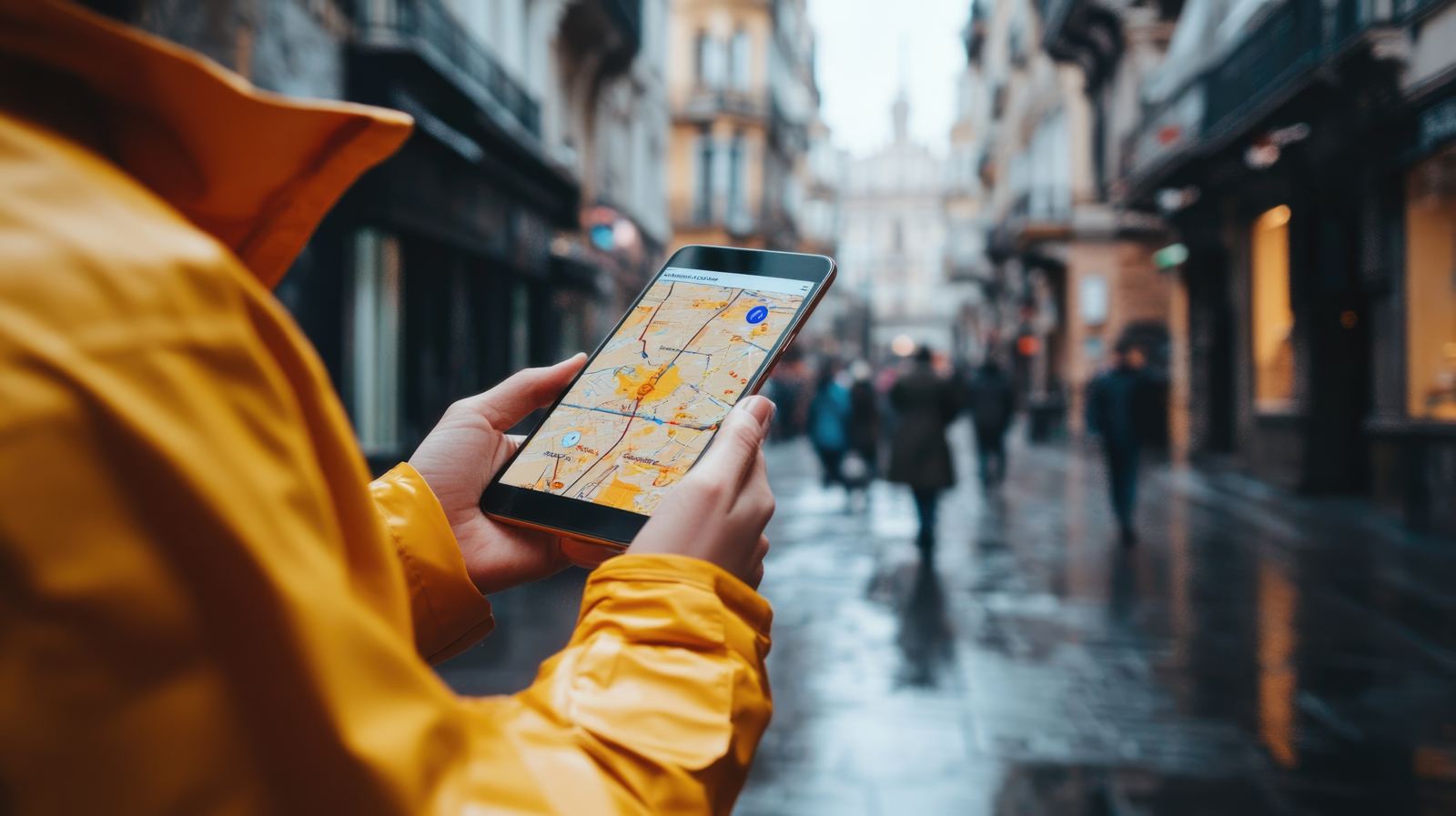 Person in yellow raincoat checks navigation on smartphone in busy city street on a rainy day