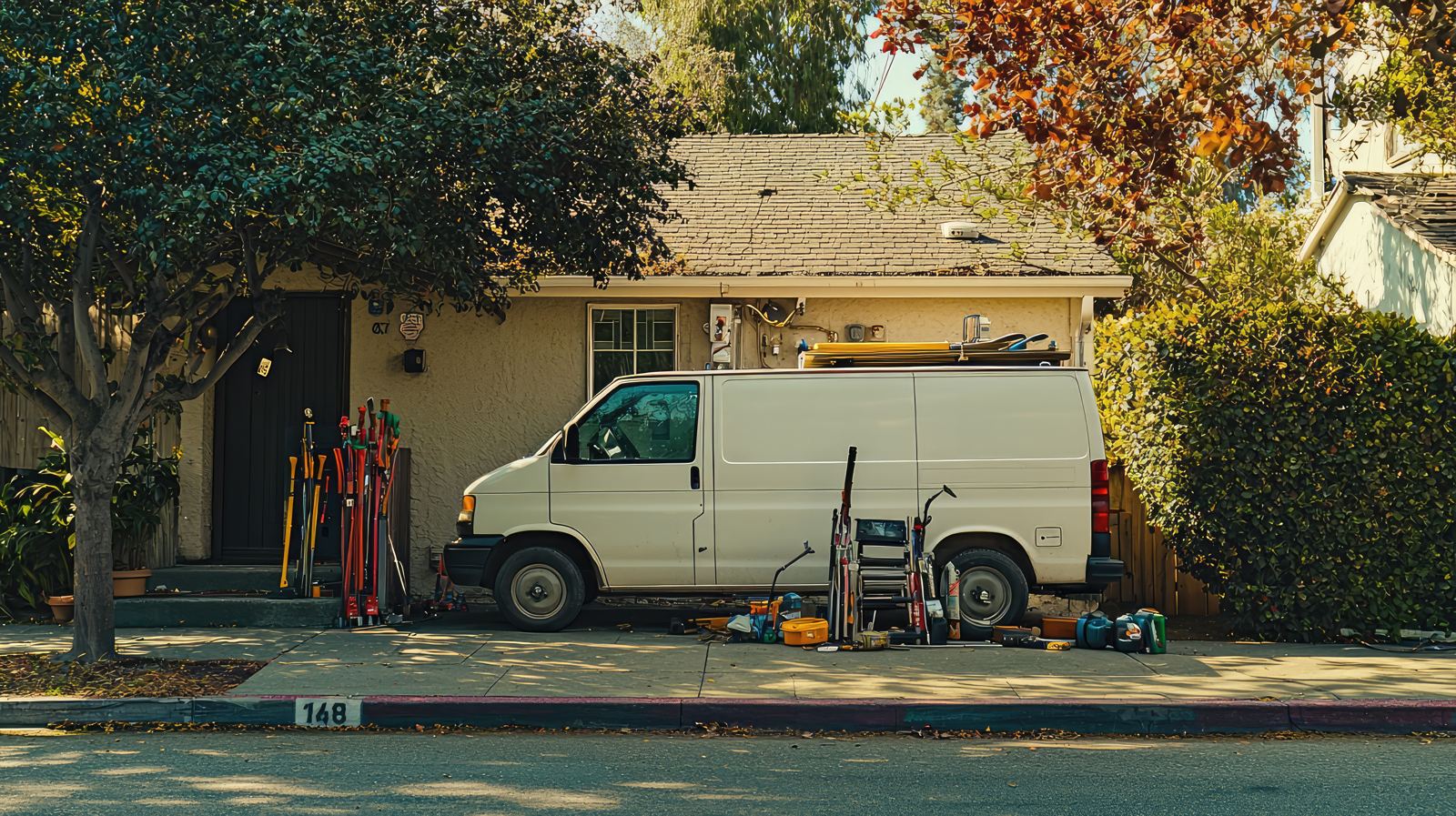 Peaceful Scene of a Plumbers Van Parked Outside Home