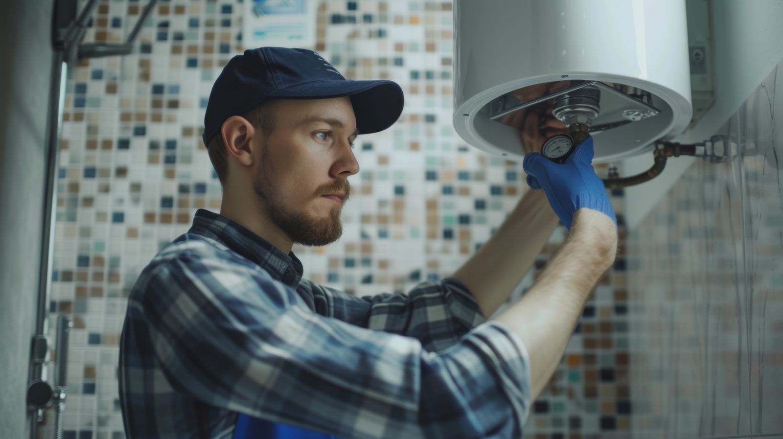 Professional technician adjusting or repairing a home heating boiler system