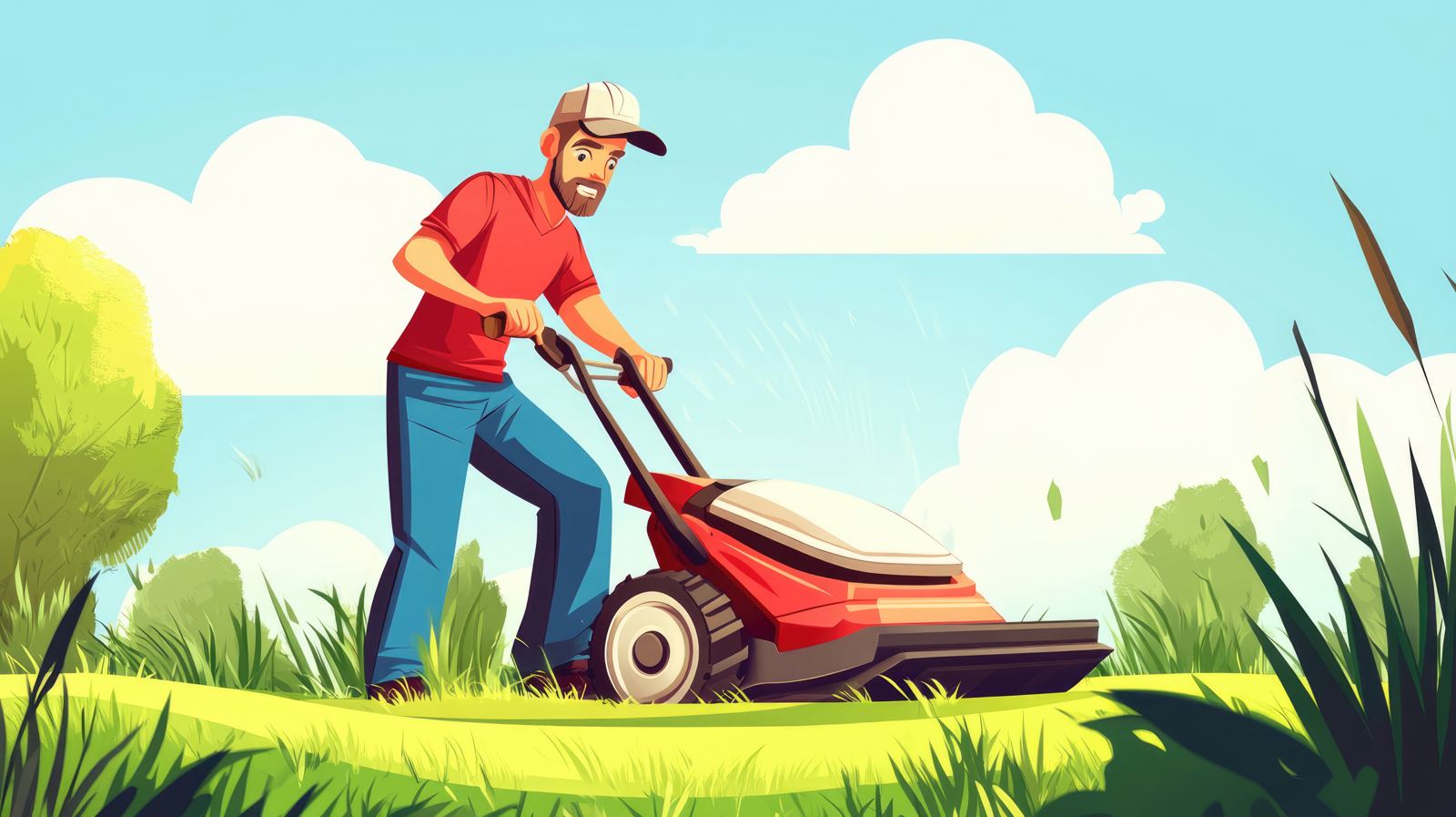 Mowing Lawn Cartoon Male Gardener Landscaper at Work Illustration