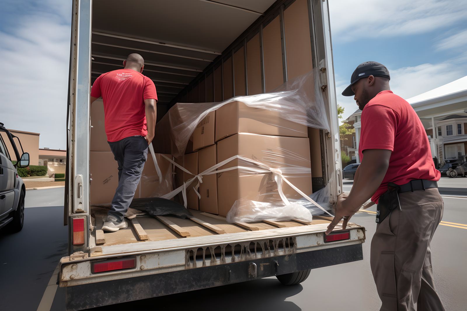 Adults man movers carrying furniture and cardboard boxes from truck on street