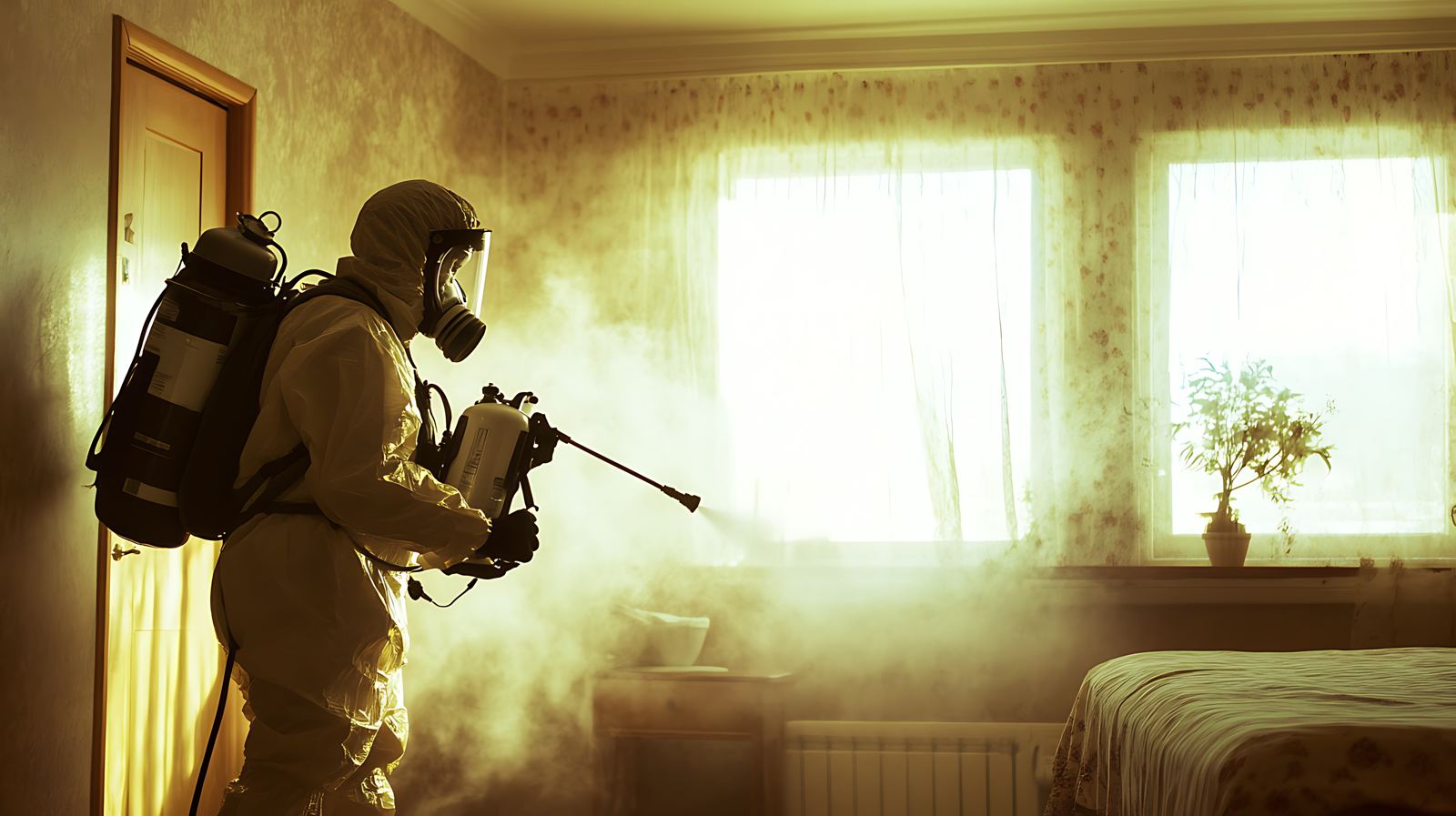 A pest control technician spraying the inside of a home with pesticide disinfection and protection concept