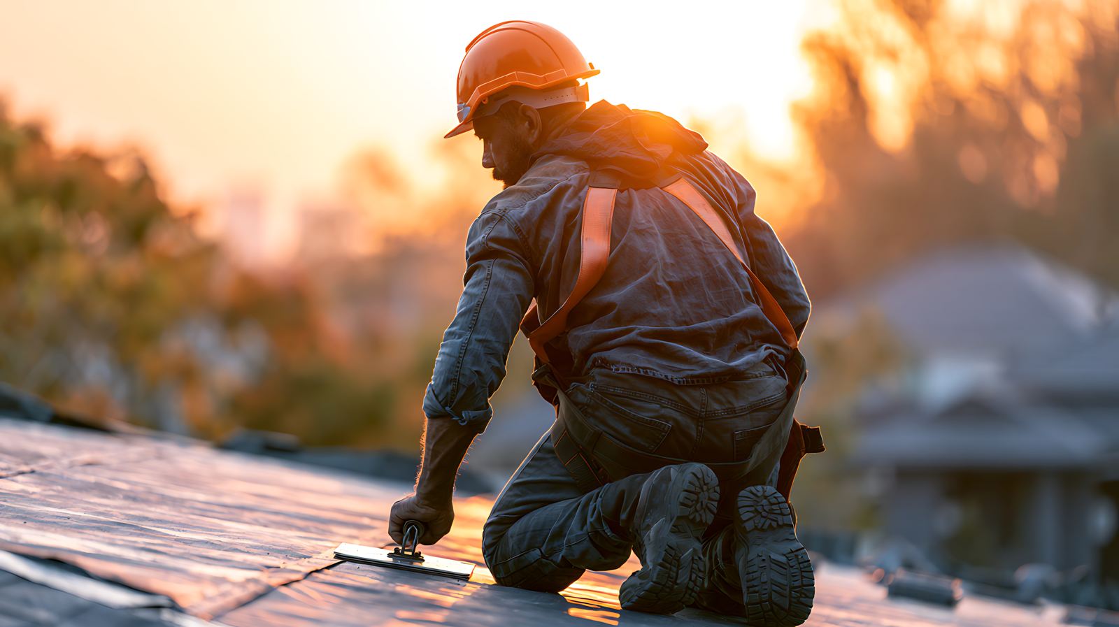 Roofer Installing Roofing Material on Residential Roof at Sunset